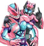  2boys armor belt demon highres kakato kamen_rider kamen_rider_revi kamen_rider_revice kamen_rider_vice multiple_boys pink_armor rex_genome simple_background stamp vistamp 