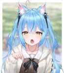  1girl absurdres ahoge animal_ears aqua_hair blush border extra_ears hair_between_eyes highres hololive jewelry long_hair looking_at_viewer multicolored_hair official_alternate_costume open_mouth outside_border pendant pointy_ears ribbon saliva sido_(ama_r007) solo streaked_hair upper_body yellow_eyes yukihana_lamy 
