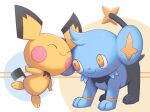  closed_eyes closed_mouth commentary_request cuddling highres leg_up no_humans pichu pokemon pokemon_(creature) ruinai shinx smile standing standing_on_one_leg toes yellow_eyes yellow_pupils 