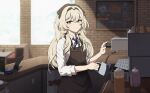  1girl absurdres an-94_(girls&#039;_frontline) apron aqua_eyes bangs bar barista black_apron black_bow blonde_hair bow can closed_mouth closet coffee_maker_(object) coffee_mug coffee_shop collared_shirt commentary couch counter cup day english_commentary eyebrows eyebrows_visible_through_hair girls_frontline hair_bow hair_ornament hair_over_shoulder hairband highres holding holding_cup indoors long_hair looking_at_viewer low_twintails menu menu_board mug neckwear sauce shirt sidelocks sleeves_rolled_up smile solo standing table twintails waistcoat white_shirt window yan_kodiac 