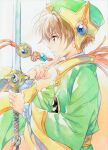  1boy agahari brown_eyes cardcaptor_sakura commentary_request green_headwear hat highres holding holding_sword holding_weapon li_xiaolang long_hair male_focus profile short_hair solo sword traditional_media weapon yin_yang 