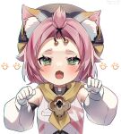 1girl :3 :d animal_ears bangs_pinned_back cat_ears choker close-up commentary_request detached_sleeves diona_(genshin_impact) fangs forehead genshin_impact gloves green_eyes hair_between_eyes hat highres looking_at_viewer nyaruin open_mouth paw_pose paw_print_palms pink_hair puffy_detached_sleeves puffy_sleeves short_hair sidelocks simple_background smile solo thick_eyebrows white_background white_gloves 