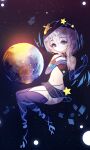  1girl absurdres bangs bare_shoulders bikini black_bikini black_gloves black_legwear black_skirt blue_eyes closed_mouth darkworldsss elbow_gloves full_body full_moon galaxy gloves highres honkai_(series) honkai_impact_3rd long_hair looking_at_viewer mercury_(planet) moon navel skirt smile solo star_(sky) star_(symbol) swimsuit theresa_apocalypse thigh-highs white_hair 