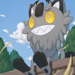  blurry clouds commentary_request day from_below galarian_form galarian_meowth highres leaves_in_wind no_humans outdoors pokemon pokemon_(creature) ruinai sharp_teeth sitting sky solo teeth toes tree 