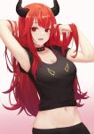  1girl :d arm_behind_head armpits arms_up bare_arms black_choker black_shirt breasts choker commission crop_top highres horns long_hair looking_at_viewer medium_breasts midriff navel nev_(nevblindarts) open_mouth original red_eyes redhead shirt short_sleeves smile solo stomach upper_body 