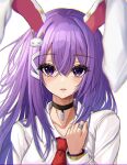  .me 1girl animal_ears bangle bangs blush bracelet bunny_hair_ornament choker commentary_request eyebrows_visible_through_hair hair_between_eyes hair_ornament jewelry lips long_hair long_sleeves looking_at_viewer necktie purple_hair rabbit_ears red_neckwear reisen_udongein_inaba ring shirt solo touhou upper_body violet_eyes white_shirt 