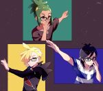  3boys ahoge arm_up bangs bespectacled black_hair blonde_hair brown_shirt closed_mouth commentary_request ear_piercing elio_(pokemon) gladion_(pokemon) glasses green_hair grey_eyes hair_over_one_eye hand_up hau_(pokemon) highres hood hood_down hoodie long_sleeves male_focus multiple_boys outstretched_arm piercing pokemon pokemon_(game) pokemon_sm shirt short_hair short_ponytail short_sleeves signature smile striped striped_shirt t-shirt tere_asahi upper_body 