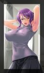  1girl armpits arms_up black_skirt border breasts commentary_request covered_nipples curtains glasses grey_sweater hair_bun highres indoors large_breasts lips looking_at_viewer mizoro_tadashi mole mole_under_mouth open_mouth original pleated_skirt purple_hair sidelocks skirt sleeveless sleeveless_turtleneck solo standing sunlight sweat sweater turtleneck turtleneck_sweater violet_eyes window 