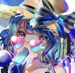  1girl bangs blue_sky eating eyebrows_visible_through_hair food highres ice_cream komeiji_koishi looking_to_the_side short_hair sky solo sunglasses sunlight suzune_hapinesu touhou upper_body 