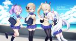  4girls :d :o ^_^ animal_ears anniversary ayanami_(azur_lane) ayanami_(grade_a_sailor_uniform)_(azur_lane) azur_lane bag black_footwear black_legwear black_ribbon blue_bow blue_eyes blue_shirt blue_skirt blush bow closed_eyes closed_mouth collared_shirt commentary_request copyright_name day fake_animal_ears hair_ribbon hairband headgear highres hug javelin_(azur_lane) javelin_(very_slow_advance!)_(azur_lane) kneehighs kokone_(coconeeeco) laffey_(azur_lane) light_brown_hair loafers long_hair multiple_girls open_mouth outdoors pantyhose parted_lips plaid plaid_bow plaid_skirt ponytail purple_hair rabbit_ears red_eyes red_hairband ribbon school_bag school_uniform shirt shoes skirt smile standing standing_on_one_leg sweater_vest thigh-highs twintails very_long_hair white_hair white_legwear z23_(azur_lane) 