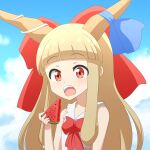  1girl bangs bare_arms bare_shoulders blonde_hair blue_ribbon blue_sky blunt_bangs bow cato_(monocatienus) clouds commentary_request eyebrows_visible_through_hair hair_bow highres horn_ornament horn_ribbon horns ibuki_suika large_bow long_hair long_sleeves looking_at_viewer open_mouth red_bow red_eyes ribbon shirt sky solo touhou upper_body upper_teeth watermelon_slice white_shirt 