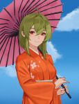  1girl absurdres ahoge blue_sky closed_mouth clouds eyelashes fl-chan fl_studio floral_print green_hair hair_between_eyes highres holding holding_umbrella japanese_clothes jonbur_man kimono looking_at_viewer medium_hair orange_kimono red_eyes sidelocks sky smile solo umbrella upper_body wide_sleeves 