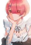  1girl :o bangs black_bow black_ribbon black_sleeves blush bob_cut bow breasts detached_sleeves eyebrows_visible_through_hair eyes_visible_through_hair frilled_sleeves frills hair_ornament hand_up head_rest konami_(konami_twt) looking_at_viewer maid neck_ribbon pink_hair ram_(re:zero) re:zero_kara_hajimeru_isekai_seikatsu red_eyes ribbon ribbon-trimmed_dress short_hair signature simple_background solo upper_body white_background x_hair_ornament 