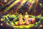  akihorisu black_eyes brown_eyes bush closed_mouth commentary_request day forest grass highres leafeon light_rays nature outdoors pokemon sitting smile transformed_ditto tree tree_stump 