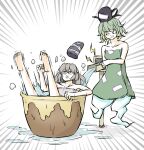  2girls absurdres clenched_teeth collarbone electricity feet ghost_tail green_hair grey_hair grin hair_between_eyes hat highres long_hair mononobe_no_futo multiple_girls ofuda peroponesosu. short_hair simple_background smile soga_no_tojiko surprised sweatdrop tate_eboshi teeth touhou towel trolling water white_background 