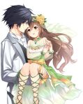  1boy 1girl :d ankle_lace-up bangs bare_shoulders black_hair braid bride brooch brown_hair carrying detached_sleeves dress eiyuu_densetsu eye_contact flower formal green_dress green_eyes groom hair_between_eyes hair_flower hair_ornament hakuleg happy hetero husband_and_wife jewelry long_hair looking_at_another open_mouth petite princess_carry rean_schwarzer ring see-through_sleeves sen_no_kiseki simple_background smile suit towa_herschel veil very_long_hair wedding_band white_background white_suit 