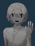  1boy :d absurdres avogado6 black_eyes blue_background commentary_request completely_nude cracked_skin hand_up highres looking_at_viewer nude open_mouth original simple_background smile solo statue tape upper_body 
