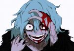  1boy bangs blood blood_on_face blood_on_hands blue_hair boku_no_hero_academia commentary_request fur_trim hair_between_eyes hand_in_hair highres injury looking_at_viewer male_focus open_mouth portrait red_eyes shigaraki_tomura shii_(shiii24) short_hair simple_background smile solo teeth white_background 