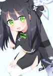  1girl absurdres animal_ear_fluff animal_ears bangs black_dress black_hair blue_archive blunt_bangs china_dress chinese_clothes dress from_above green_eyes hand_on_own_face hand_on_own_thigh highres long_hair looking_at_viewer looking_up mari_(rodoney-kiara) open_mouth short_sleeves shun_(blue_archive) sitting smile solo thigh-highs tiger_ears tiger_girl twintails weapon_case white_legwear 