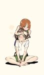  2girls absurdres akiyama_yukari arm_support bangs blush brown_hair closed_eyes closed_mouth collarbone commentary_request crossed_legs dot_nose eyebrows_visible_through_hair full_body furrowed_brow girls_und_panzer green_legwear highres horie_ryuu hug hug_from_behind looking_at_viewer medium_hair messy_hair multiple_girls nishizumi_miho no_shoes shadow shirt short_sleeves shorts simple_background sitting t-shirt yellow_background 