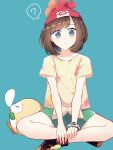  1girl ? bangs beanie blush bracelet brown_hair bubble closed_mouth collarbone commentary_request eyelashes green_shorts grey_eyes hat highres jewelry looking_at_viewer medium_hair pokemon pokemon_(creature) pokemon_(game) pokemon_sm red_headwear rowlet selene_(pokemon) shiny shiny_hair shirt shoes short_shorts short_sleeves shorts sitting spoken_question_mark tere_asahi tied_shirt yellow_shirt z-ring 