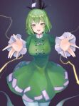  1girl :d \||/ absurdres bangs black_headwear blush breasts cross-laced_clothes dark_background dress electricity eyebrows_behind_hair foreshortening ghost_tail gradient gradient_background green_dress green_eyes green_hair hat highres juliet_sleeves koizumo large_breasts long_sleeves looking_at_viewer ofuda ofuda_on_clothes open_mouth outstretched_arms puffy_sleeves purple_background reaching_out short_hair simple_background smile soga_no_tojiko solo tate_eboshi touhou 