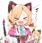  &gt;_&lt; &gt;o&lt; 2girls animal_ears bangs blonde_hair blue_archive blue_neckwear blush bow byako_(srktn) cat_ear_headphones cat_ears cat_tail chibi commentary fake_tail green_bow hair_bow headphones highres jacket low_twintails midori_(blue_archive) momoi_(blue_archive) multiple_girls necktie off-shoulder_jacket off_shoulder red_bow sidelocks tail tears translation_request twintails w_arms white_jacket 