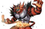  abs absurdres biceps claws clenched_hand colored_sclera commentary english_commentary fire furry green_eyes highres incineroar muscular muscular_male nick300 pectorals pokemon pokemon_(creature) sharp_teeth solo tail teeth white_background yellow_sclera 