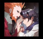  2boys ^^^ alternate_color augustine_sycamore beard black_border black_hair black_sclera blood border collared_shirt colored_sclera commentary_request curly_hair facial_hair fur-trimmed_jacket fur_trim green_eyes grey_eyes hand_up jacket kusuribe labcoat lysandre_(pokemon) male_focus multiple_boys open_mouth orange_hair parted_lips pokemon pokemon_(game) pokemon_masters_ex pokemon_xy red_jacket sharp_teeth shiny shiny_hair shirt signature spiky_hair sweat team_flare teeth tongue watch watch watermark wrist_grab 