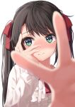  1girl absurdres bangs black_hair blue_eyes blurry blurry_background blush center_frills closed_mouth commentary_request depth_of_field eyebrows_visible_through_hair frills hair_ribbon hand_on_own_cheek hand_on_own_face highres hololive long_hair long_sleeves oozora_subaru outstretched_arm reaching_out red_ribbon ribbon shirt simple_background solo starkamisan twintails upper_body virtual_youtuber white_background white_shirt 