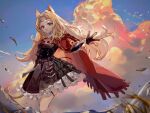  1girl animal_ears archetto_(arknights) arknights black_dress black_gloves blonde_hair blue_eyes blue_sky cape clouds commentary dress feet_out_of_frame gloves hand_up heterochromia highres kirrrara lion_ears lion_tail long_hair looking_at_viewer pouch red_cape red_eyes sky solo standing tail thigh_strap tiara 