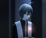  1boy ahoge alternate_costume bangs black_background brown_eyes cross cross_necklace danganronpa_(series) danganronpa_v3:_killing_harmony grey_background hair_between_eyes holding_candle jewelry long_sleeves looking_at_viewer male_focus necklace priest saihara_shuuichi shiny shiny_hair short_hair skyo110 solo upper_body 