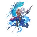  blue_eyes granblue_fantasy holding holding_trident holding_weapon jewelry long_hair male_swimwear muscular necklace official_art polearm poseidon_(granblue_fantasy) silver_hair simple_background swim_trunks tan transparent_background trident water weapon 