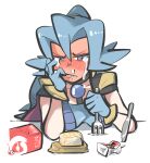  1girl bangs blue_bodysuit blue_gloves blue_hair blush bodysuit cape carton clair_(pokemon) collarbone commentary_request crying drinking_straw food fork gloves grey_eyes hair_between_eyes hair_tie half-closed_eyes highres holding holding_fork knife long_hair looking_down mouth_pull nose_bubble pokemon pokemon_(game) pokemon_hgss ponytail solo tears teeth tied_hair tirarizun 