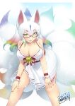  1girl :d alternate_costume animal_ears bangs barefoot bell breasts commentary_request dated dress extra_ears fox_ears fox_girl fox_tail glasses gradient_hair hair_between_eyes hands_on_own_knees highres jingle_bell kemono_friends kyuubi kyuubi_(kemono_friends) large_breasts leaning_forward legs_apart long_hair looking_at_viewer multicolored_hair multiple_tails open_mouth rainbow_hair red-framed_eyewear sakuragi_rian semi-rimless_eyewear signature smile solo tail under-rim_eyewear white_dress white_hair wrist_cuffs yellow_eyes 