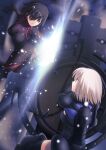  2girls armor armored_leotard back black_armor black_hair black_leotard bodysuit breasts closed_mouth commentary_request fate/grand_order fate/stay_night fate_(series) fighting hair_over_one_eye highres holding holding_shield holding_weapon large_breasts leotard light_purple_hair mash_kyrielight migiha multicolored_leotard multiple_girls one_eye_covered open_mouth ortenaus red_eyes shield short_hair tachie_(fate) teeth thigh-highs violet_eyes weapon 