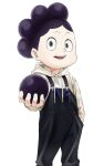  1boy :d absurdres ball bangs boku_no_hero_academia feet_out_of_frame fengling_(furin-jp) highres holding holding_ball hood hood_down long_sleeves looking_at_viewer male_focus mineta_minoru open_mouth overalls simple_background smile solo standing upper_teeth white_background 