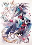 anchor chain clothed_pokemon coco7 commentary dagger flower furry jewelry knife manaphy mythical_pokemon petals pokemon pokemon_(creature) red_flower red_neckwear red_ribbon ribbon spikes spyglass toes waist_cape weapon white_neckwear wrist_cuffs 