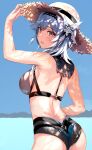  1girl armpit_crease armpit_peek ass back bangs bare_shoulders bikini black_bikini black_hairband blue_hair blush breasts eula_(genshin_impact) genshin_impact hair_ornament hairband hat highres large_breasts looking_at_viewer looking_back medium_hair sidelocks solo straw_hat swimsuit temir violet_eyes 