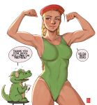  1girl adapted_costume antenna_hair artist_self-insert ass_visible_through_thighs beret biceps bikini_tan blonde_hair blue_eyes blush braid breasts cammy_white clenched_hands covered_abs crocodile crocodilian english_commentary english_text flexing green_sweater hat highleg highleg_swimsuit highres hot lips long_braid looking_to_the_side medium_breasts milestone_celebration nose nose_blush one-piece_swimsuit pose red_headwear scar scar_on_face smirk solo_focus standing street_fighter street_fighter_ii_(series) sweat sweater swimsuit tan tanlines thick_thighs thighs twin_braids volt_crocodile 