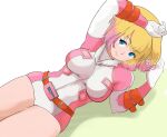  1girl belt blonde_hair blue_eyes breasts closed_mouth gloves gwen_poole gwenpool highres leotard looking_at_viewer marvel multicolored_hair pink_hair short_hair shousetsu smile solo two-tone_hair 