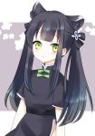  1girl am_bpm120 animal_ear_fluff animal_ears bangs black_dress black_hair blue_archive blunt_bangs china_dress chinese_clothes dress green_eyes highres long_hair looking_at_viewer open_mouth ribbon short_sleeves shun_(blue_archive) solo tiger_ears tiger_girl twintails upper_body 