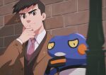  1boy bangs blurry brick_wall brown_coat brown_hair brown_jacket buttons chin_stroking closed_mouth coat collared_shirt commentary_request croagunk hand_up highres jacket long_sleeves looker_(pokemon) looking_at_viewer male_focus necktie pokemon pokemon_(creature) pokemon_(game) pokemon_dppt purple_neckwear ruinai shirt short_hair smile sparkle upper_body white_shirt 