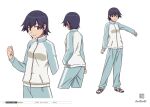  1girl anime_coloring bakemonogatari character_sheet cowboy_shot full_body highres kanbaru_suruga monogatari_(series) multiple_views official_art production_art scan simple_background standing track_suit white_background zip_available 