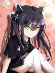  1girl animal_ear_fluff animal_ears bangs black_dress black_hair blue_archive blunt_bangs china_dress chinese_clothes cie_pu_(shie_pu) dress green_eyes knees_up long_hair short_sleeves shun_(blue_archive) sitting smile solo thigh-highs thighs tiger_ears tiger_girl twintails white_legwear 