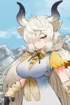  1girl adeshi_(adeshi0693119) animal_ears black_horns breasts brown_eyes brown_neckwear closed_mouth day dress extra_ears eyelashes gloves grey_horns hair_between_eyes hair_over_one_eye half-closed_eye highres horns kemono_friends kemono_friends_3 large_breasts long_hair looking_at_viewer mountainous_horizon multicolored_horns neck_ribbon outdoors ox_ears ox_girl ox_horns ribbon seductive_smile shirt short_sleeves sidelocks smile solo twintails underbust upper_body very_long_hair white_dress yak_(kemono_friends) yellow_shirt 
