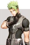  1boy achilles_(fate) armor bangs black_gloves black_shirt changye closed_mouth earrings fate/apocrypha fate/grand_order fate_(series) gloves green_hair hand_up jewelry looking_at_viewer male_focus muscular muscular_male orange_eyes shirt short_hair smile solo spiky_hair undercut upper_body 
