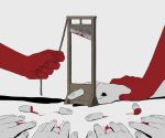  absurdres avogado6 blood blood_splatter commentary_request cut_finger fingernails guillotine guro highres holding holding_rope original rope simple_background white_background 