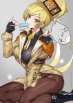  1girl ashiomi_masato bangs blush breasts fur_hat guilty_gear guilty_gear_strive hat highres large_breasts long_hair long_sleeves looking_at_viewer millia_rage thighs ushanka 