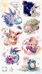  alternate_color bottle closed_mouth coco7 commentary cork eevee flower heart innertube jirachi lily_pad mythical_pokemon palpitoad petals pink_flower pokemon pokemon_(creature) ribbon shiny_pokemon starfish starmie torterra vaporeon water water_drop white_ribbon 
